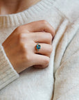 Yellow gold ring with square London blue topaz and side topaz and aquamarine