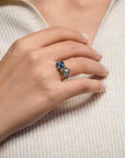 Yellow gold ring with square London blue topaz and side topaz and aquamarine