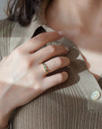 Yellow gold ring with square teal tourmalines and white diamonds