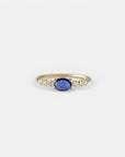 Yellow gold ring with blue sapphire and round elements with white diamonds