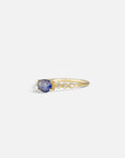 Yellow gold ring with blue sapphire and round elements with white diamonds