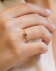 Yellow gold ring with vertical oval champagne diamond and white diamonds