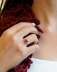 Yellow gold ring with square amethyst and white diamonds