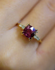 Yellow gold ring with square rhodolite and white diamonds