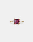 Yellow gold ring with square rhodolite and white diamonds