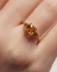 Yellow gold ring with square citrine quartz and side citrines and yellow sapphires