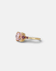 Yellow gold ring with square rose quartz and side rhodolites and tourmalines