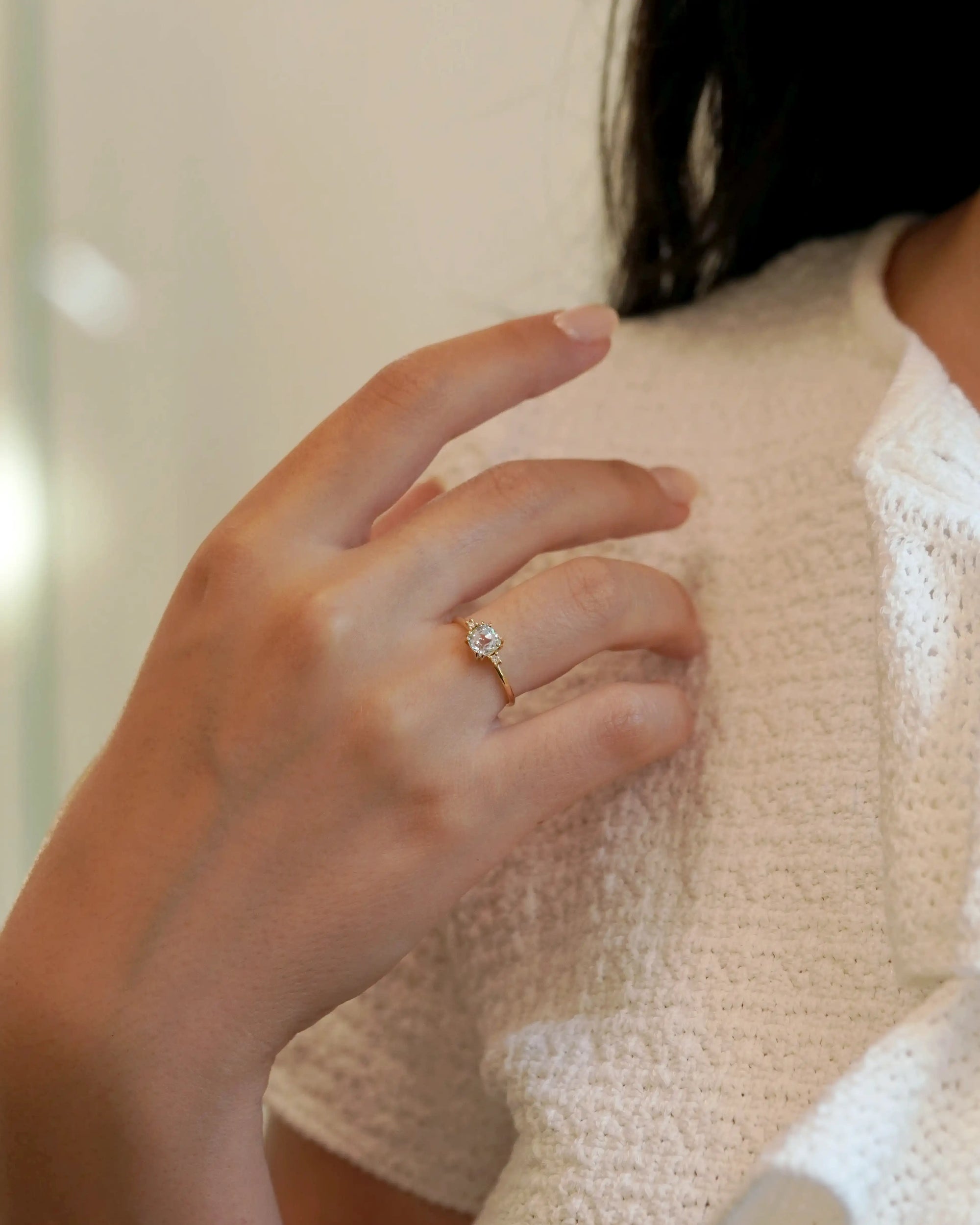 Yellow gold ring with square citrine and two white diamonds