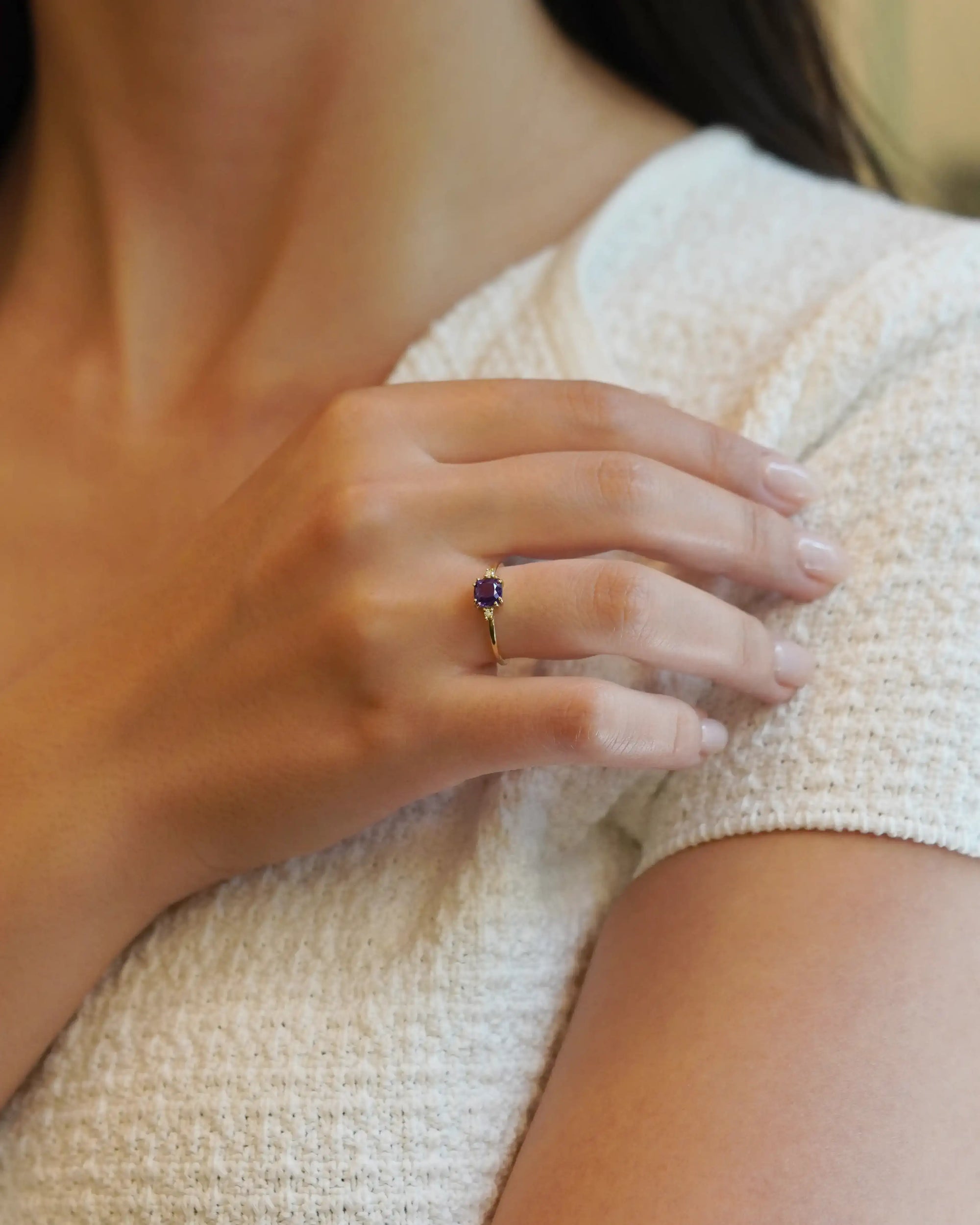 Yellow gold ring with square citrine and two white diamonds
